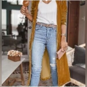 Gold Velvet Long Open Front Coatigan - Women Jackets & Coats